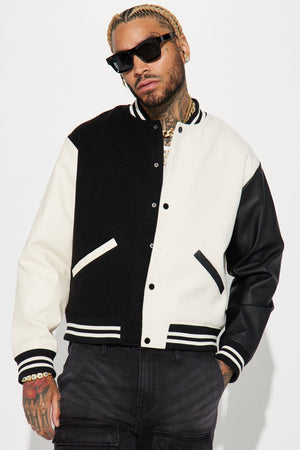 For The Books Faux Leather Sleeves Colorblock Varsity Jacket - Black/combo - HCWP 