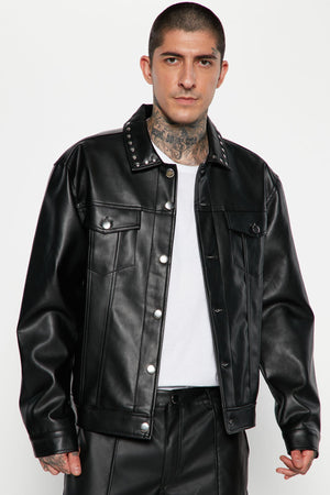 Faux Leather Studded Collar Trucker Jacket - Black - HCWP 