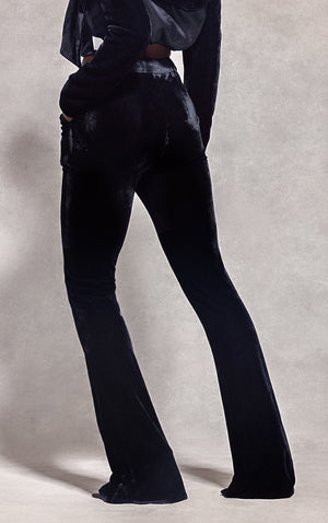 Black Velvet Pintuck Detail Flared Trousers - HCWP 