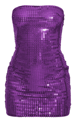 Purple Sheer Sequin Bandeau Bodycon Dress - HCWP 