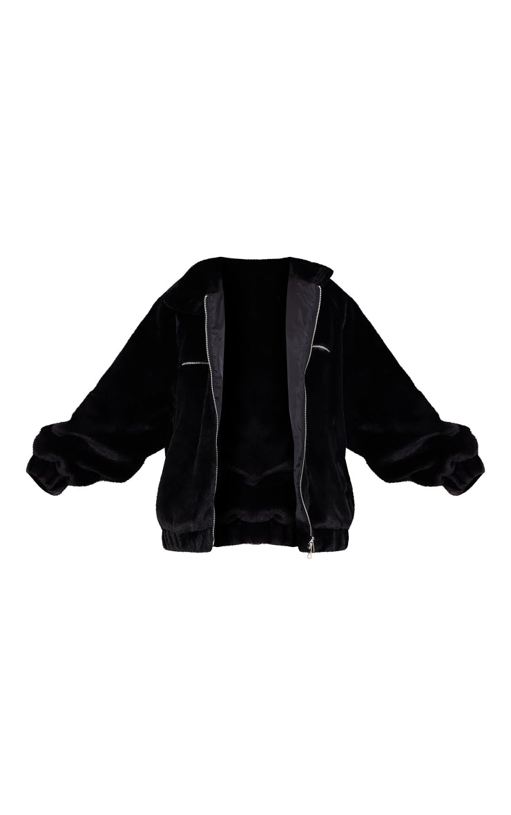 Black Faux Fur Zip Up Jacket - HCWP 