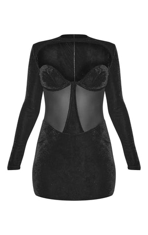 Black Velvet Side Cut Out Detail Bodycon Dress - HCWP 