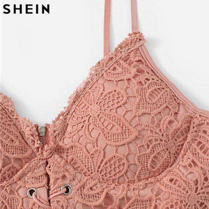 SHEIN Pink Eyelet Lace Up Zipper Back Stretchy Sexy Crop Top Surplice Wrap Solid Slim Fit Short Cami Top 2019 Women Crop Top