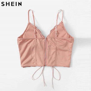 SHEIN Pink Eyelet Lace Up Zipper Back Stretchy Sexy Crop Top Surplice Wrap Solid Slim Fit Short Cami Top 2019 Women Crop Top