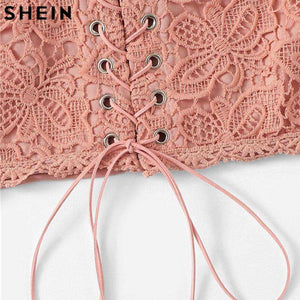 SHEIN Pink Eyelet Lace Up Zipper Back Stretchy Sexy Crop Top Surplice Wrap Solid Slim Fit Short Cami Top 2019 Women Crop Top