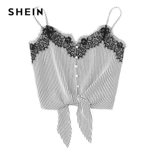 SHEIN Spitze Knoten Vorn Gestreiften Cami Top Frauen Neue Asymmetrische Spaghetti Strap Taste Crop-weste 2018 Sommer Sexy Weste