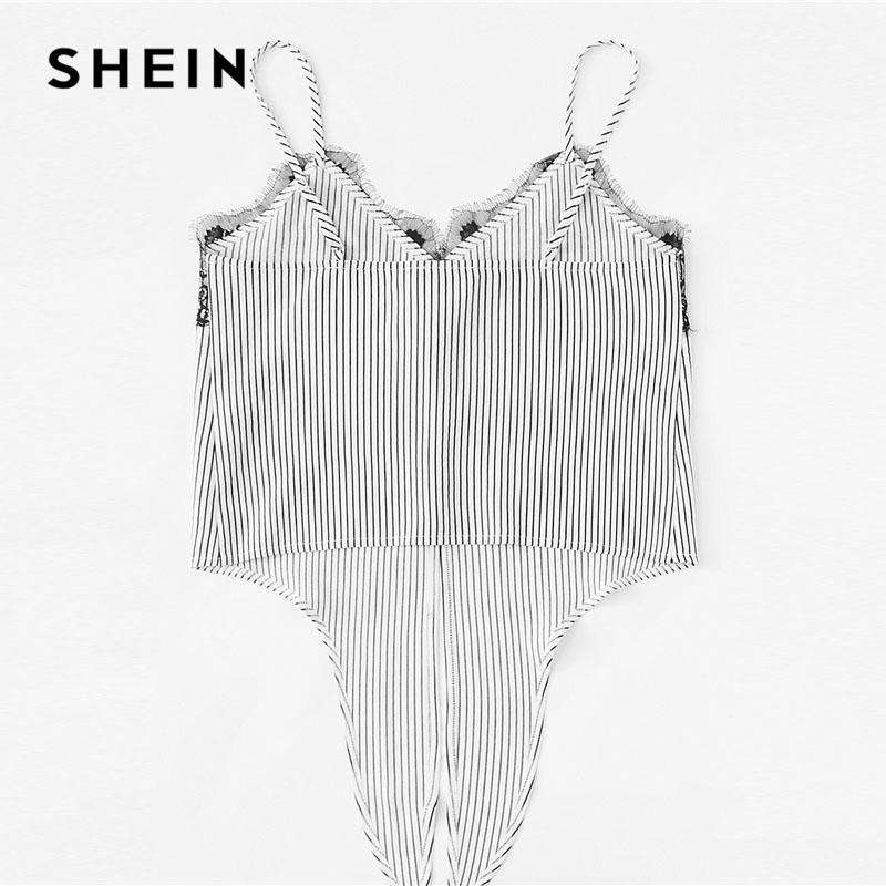 SHEIN Spitze Knoten Vorn Gestreiften Cami Top Frauen Neue Asymmetrische Spaghetti Strap Taste Crop-weste 2018 Sommer Sexy Weste