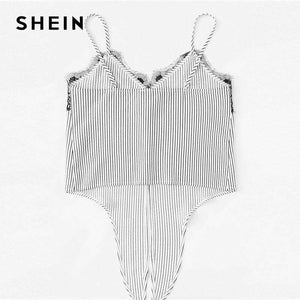 SHEIN Spitze Knoten Vorn Gestreiften Cami Top Frauen Neue Asymmetrische Spaghetti Strap Taste Crop-weste 2018 Sommer Sexy Weste