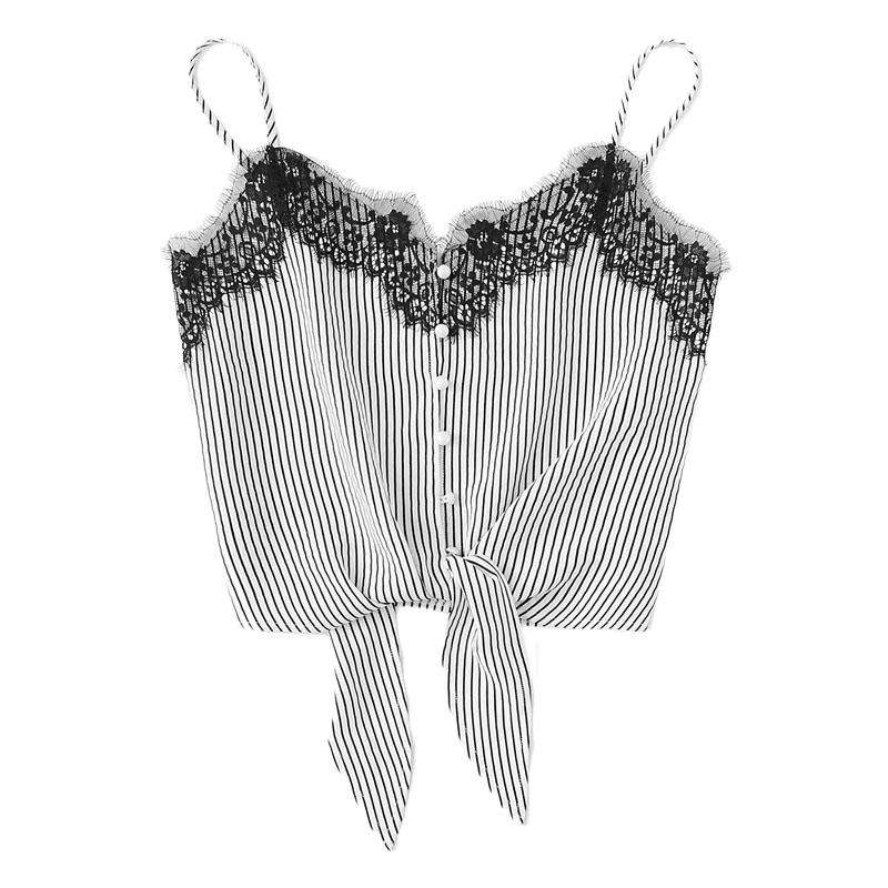 SHEIN Spitze Knoten Vorn Gestreiften Cami Top Frauen Neue Asymmetrische Spaghetti Strap Taste Crop-weste 2018 Sommer Sexy Weste