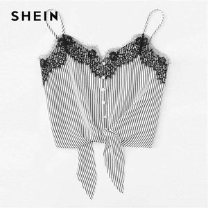 SHEIN Spitze Knoten Vorn Gestreiften Cami Top Frauen Neue Asymmetrische Spaghetti Strap Taste Crop-weste 2018 Sommer Sexy Weste