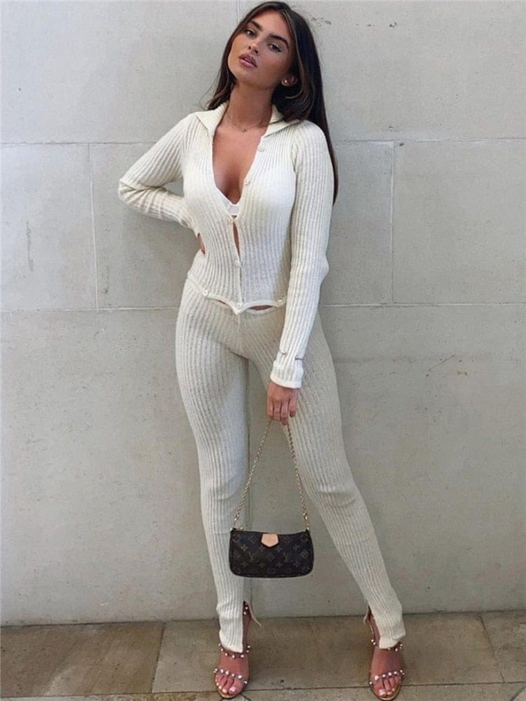 Tossy Skinny Two Piece Set Women Knit V-Neck Long Sleeve Top And Pants Female Jumpsuits 2 Piece Outfits Sexy Femme Matching Sets