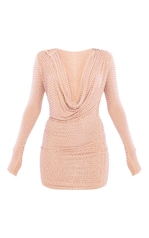 Premium Nude Embellished Mesh Sheer Hooded Cowl Bodycon Dress - HCWP 