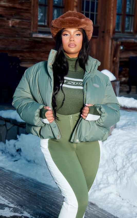 Plus Khaki Puffball Toggle Hem Cropped Puffer Coat - HCWP 