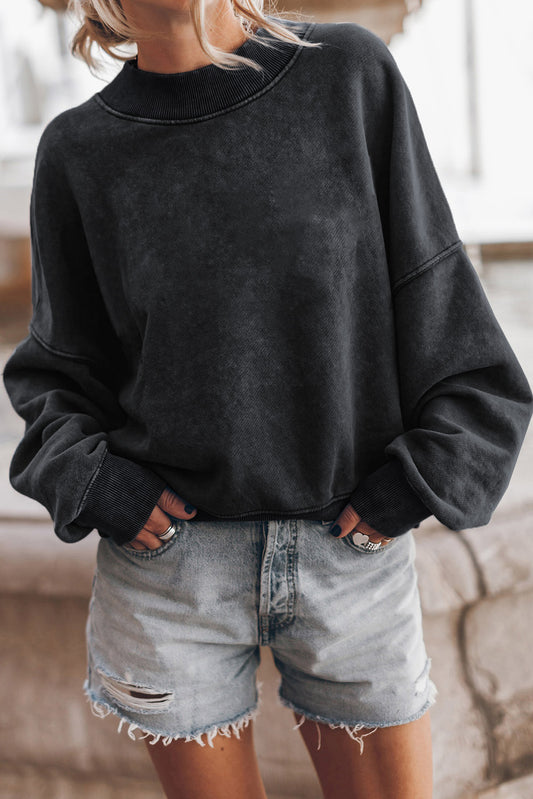 Black Drop Shoulder Crew Neck Pullover Sweatshirt - HCWP 
