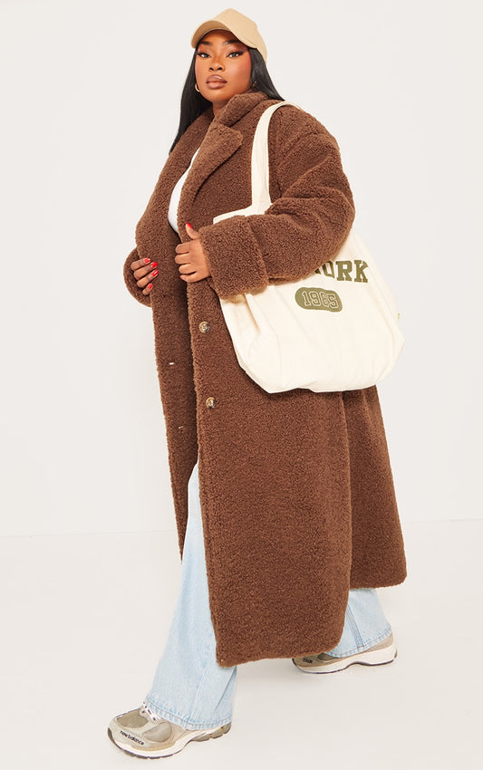 Plus Brown Oversized Teddy Borg Cuff Detail Coat - HCWP 