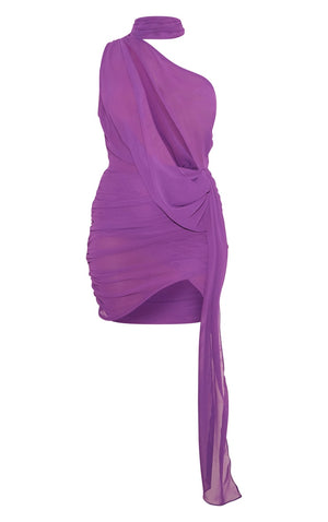 Purple Sheer Chiffon Ruched Detail Asymmetric Drape Bodycon Dress - HCWP 