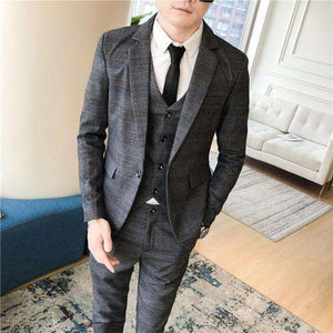 Jacket+Vest+Pants Plaid Mens Wedding Suit Male Blazers Slim Fit Suits for Men Costume Business Formal Party Classic Gray/Navy