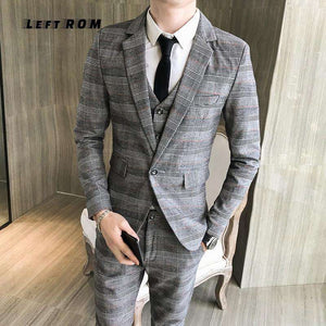 Jacket+Vest+Pants Plaid Mens Wedding Suit Male Blazers Slim Fit Suits for Men Costume Business Formal Party Classic Gray/Navy