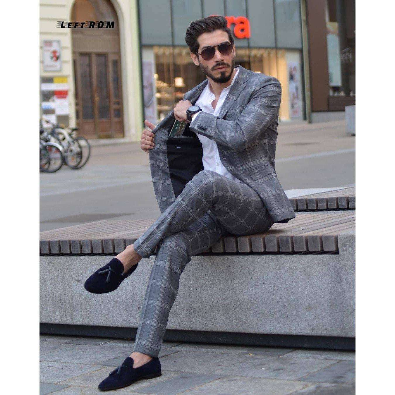 Jacket+Vest+Pants Plaid Mens Wedding Suit Male Blazers Slim Fit Suits for Men Costume Business Formal Party Classic Gray/Navy