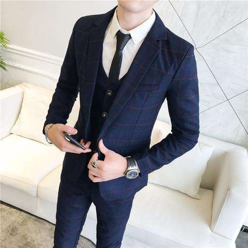 Jacket+Vest+Pants Plaid Mens Wedding Suit Male Blazers Slim Fit Suits for Men Costume Business Formal Party Classic Gray/Navy