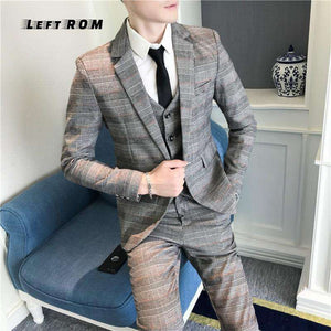 Jacket+Vest+Pants Plaid Mens Wedding Suit Male Blazers Slim Fit Suits for Men Costume Business Formal Party Classic Gray/Navy