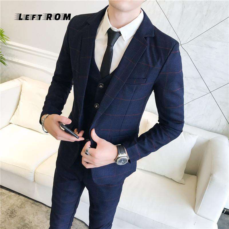 Jacket+Vest+Pants Plaid Mens Wedding Suit Male Blazers Slim Fit Suits for Men Costume Business Formal Party Classic Gray/Navy