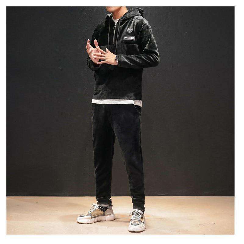 Men's Fashion Sport Set Thick Velvet Winter Tracksuit Long Sleeve Hoodie Sweatshirt Joggings Pants Workout Suit Plus SizeM-5XL
