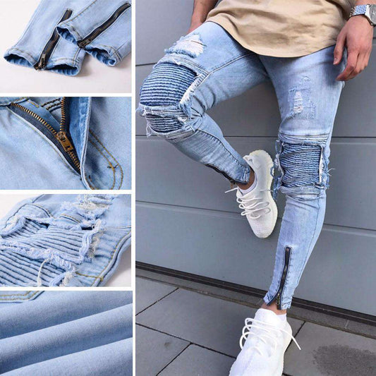 Mens Ripped Slim Fit Motorcycle Vintage Denim Jeans Hiphop Streetwear Pants