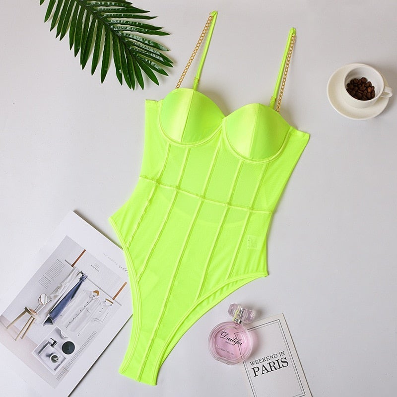 Neon Green Mesh Transparent BodySuit