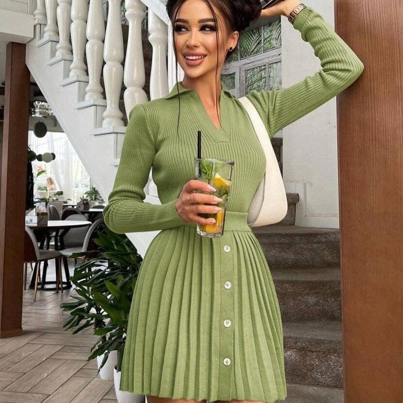 Tossy Knitted Pleated Skirt Set Women Sexy Long Sleeve Slim Tops And High Waisted Mini Skirt Dress Two Piece Set Y2K 2021 Chic