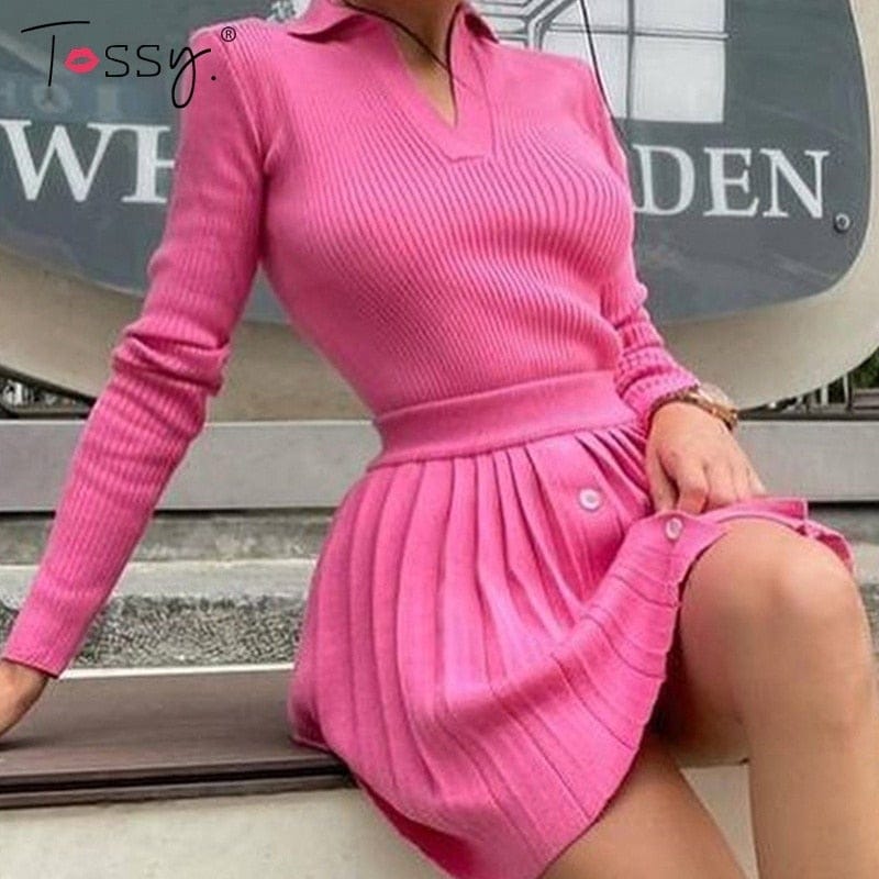 Tossy Knitted Pleated Skirt Set Women Sexy Long Sleeve Slim Tops And High Waisted Mini Skirt Dress Two Piece Set Y2K 2021 Chic