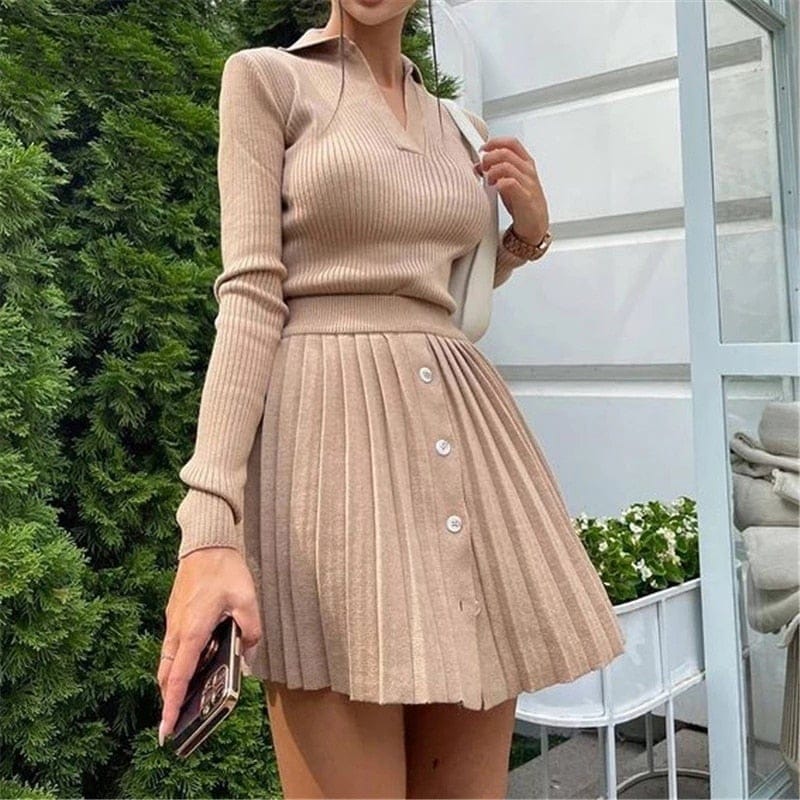 Tossy Knitted Pleated Skirt Set Women Sexy Long Sleeve Slim Tops And High Waisted Mini Skirt Dress Two Piece Set Y2K 2021 Chic